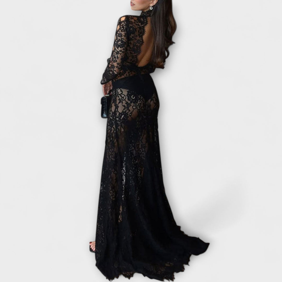 Azalea - Midnight Elegance Transparent Udsnit Langærmet Stretch Maxi Kjole