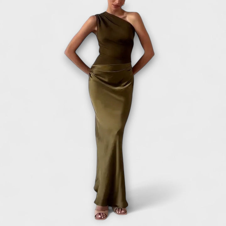 Elegant One-Shoulder Plisseret Maxikjole