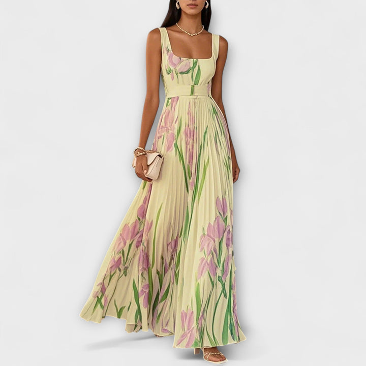 Foldet Floral Chiffon Maxi Kjole