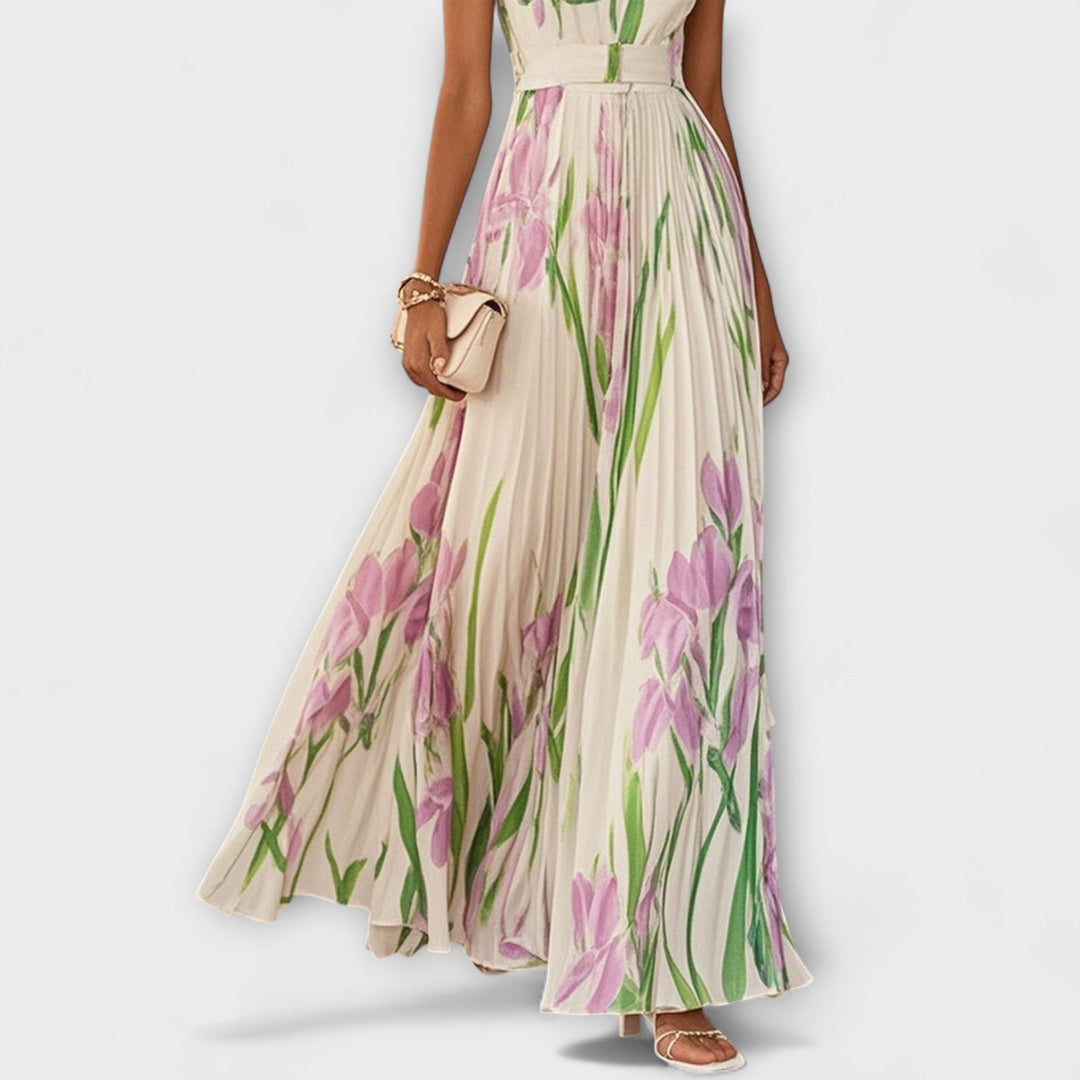 Foldet Floral Chiffon Maxi Kjole