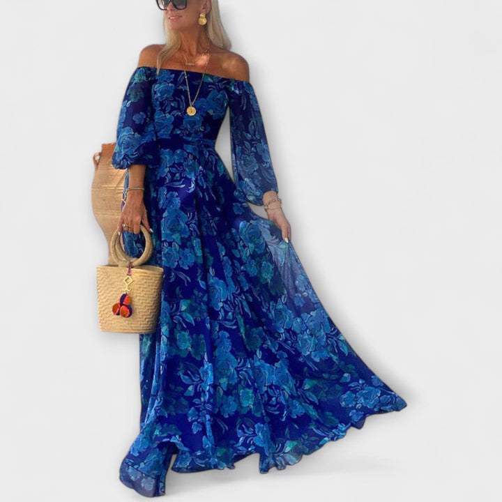 Juniper – Blomster Off-Shoulder Maxi Kjole med Rynket Top, Perfekt til Ferier