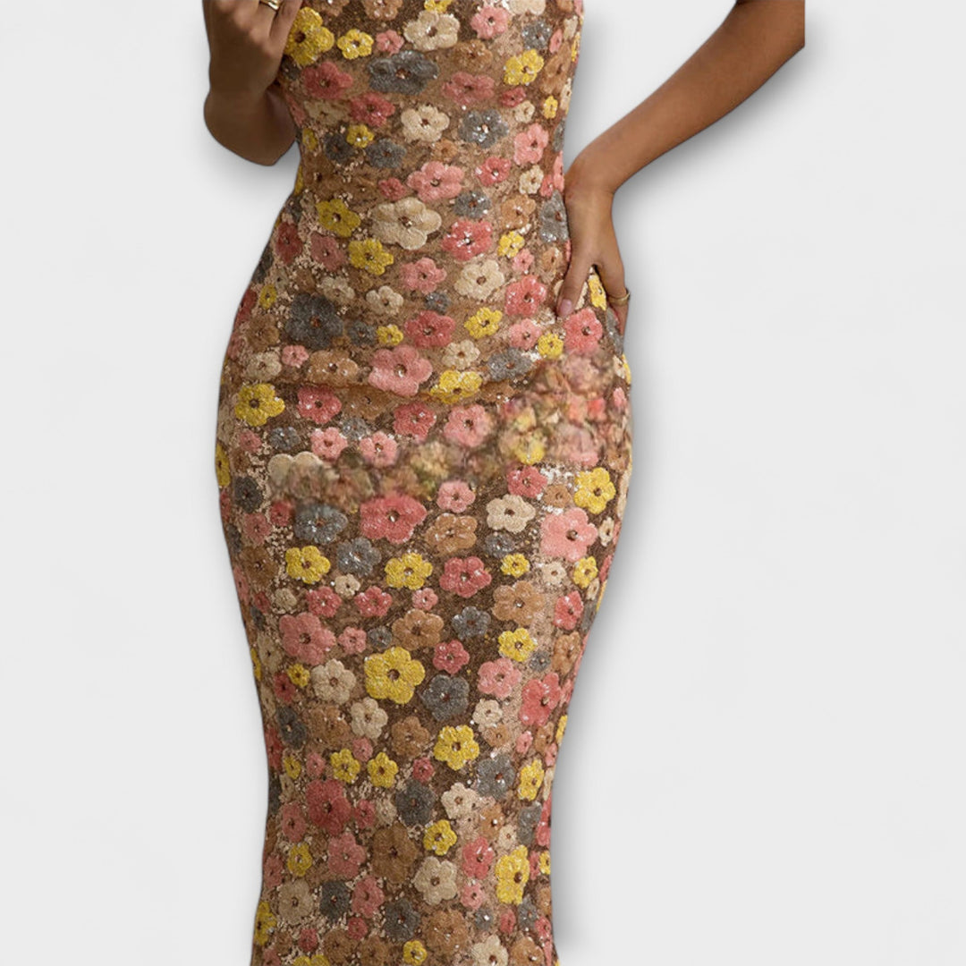 Oakley - Maxi Kjole med Blomster Pailletter i 80'er Stil