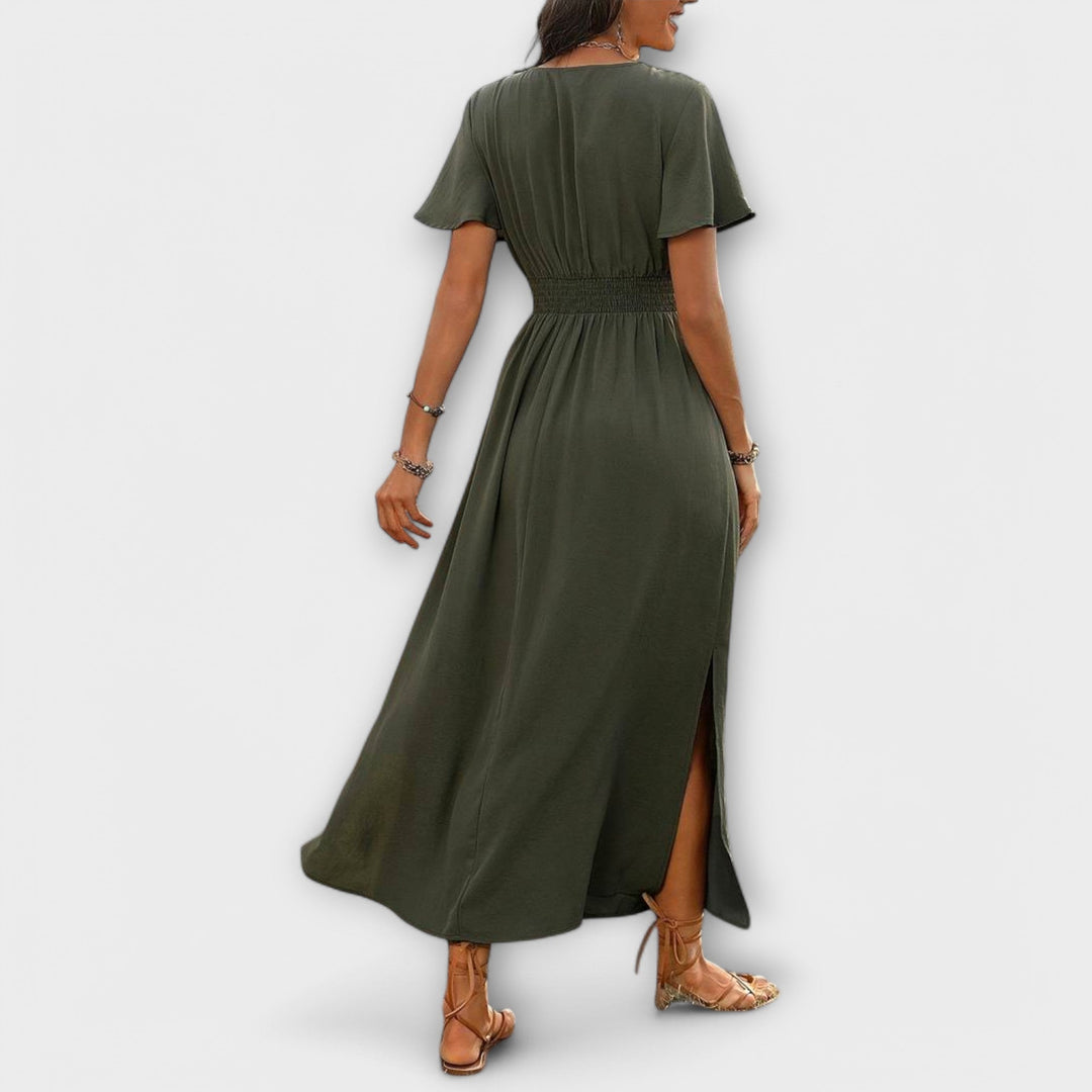 Heather - En elegant Boho-kjole med V-udskæring og lange ærmer
