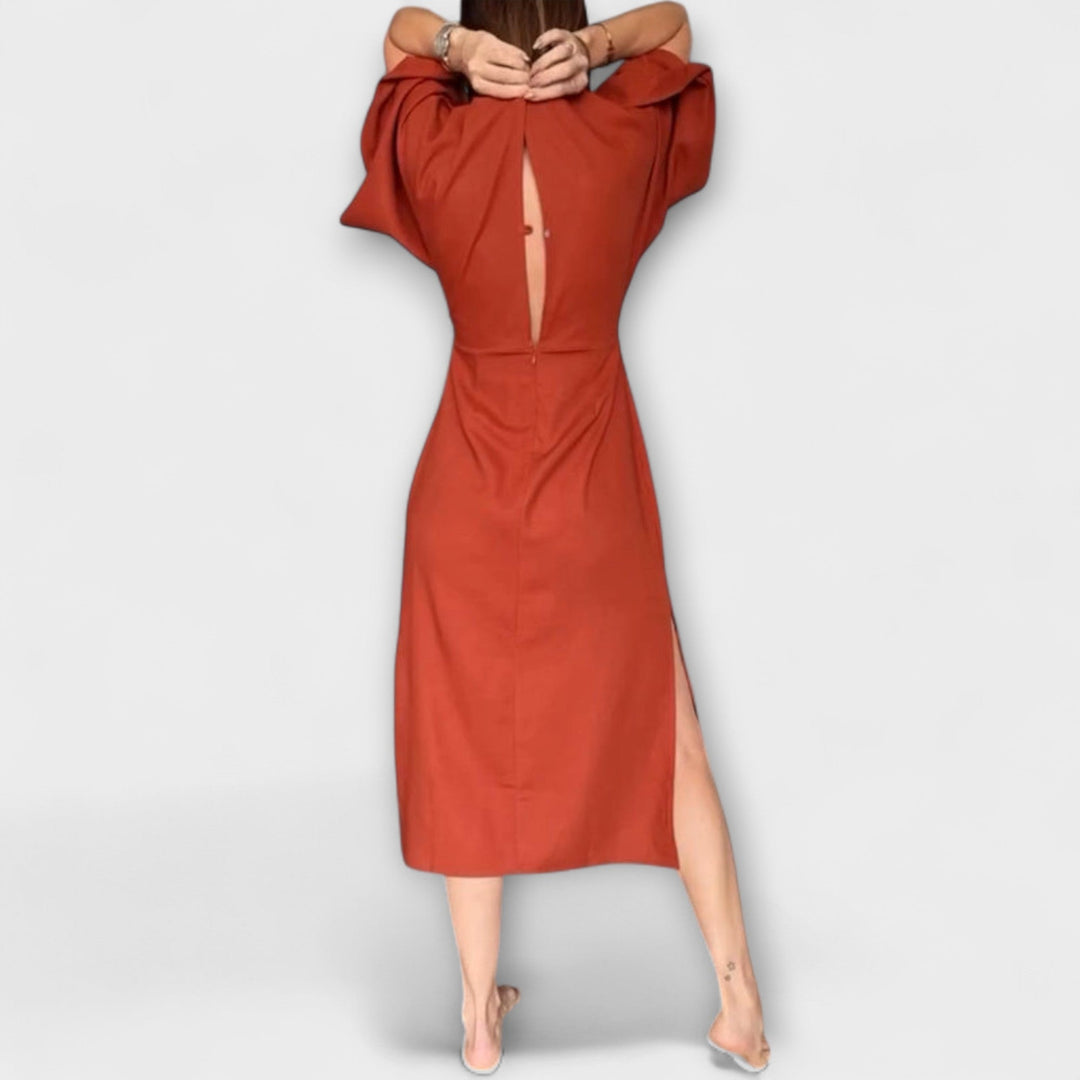 Holly - Casual Kjole med V-Udskæring i Bomulds-Linned Blandning med Bånd