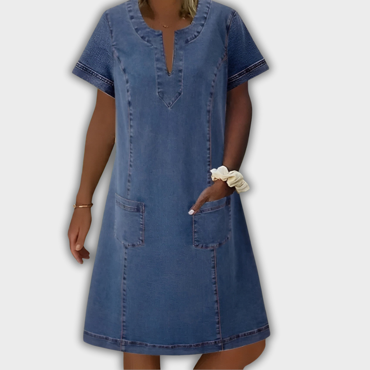 Julia | Stilfuld Denim Kjole med Lomme