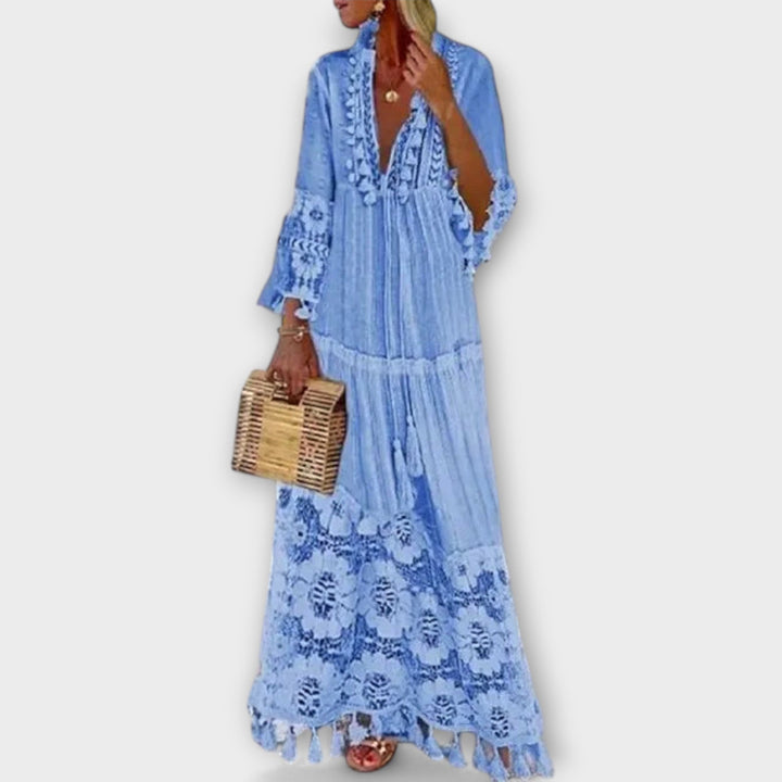 Klassisk Bohemian-Style Lang Kjole med Lange Ærmer, Blonder og Frynser