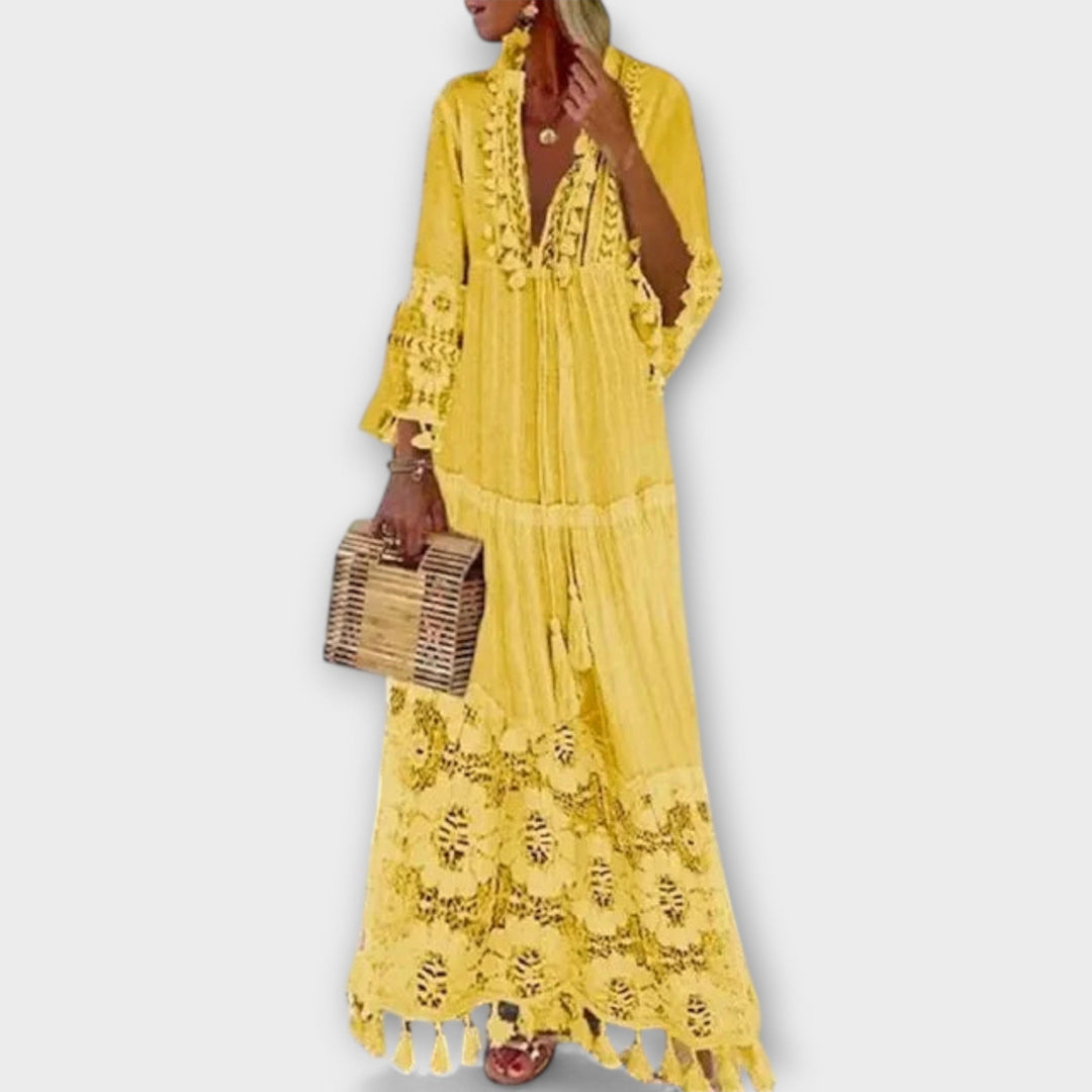 Klassisk Bohemian-Style Lang Kjole med Lange Ærmer, Blonder og Frynser