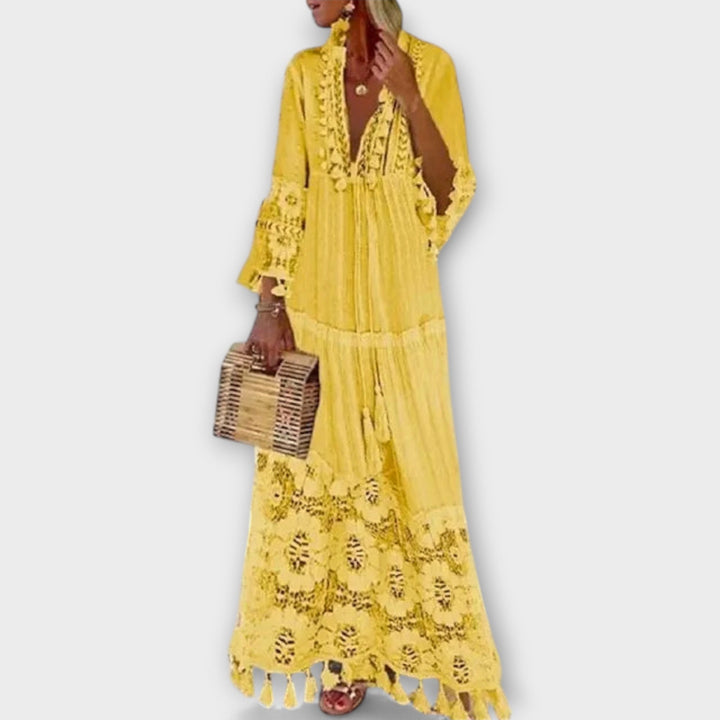 Klassisk Bohemian-Style Lang Kjole med Lange Ærmer, Blonder og Frynser