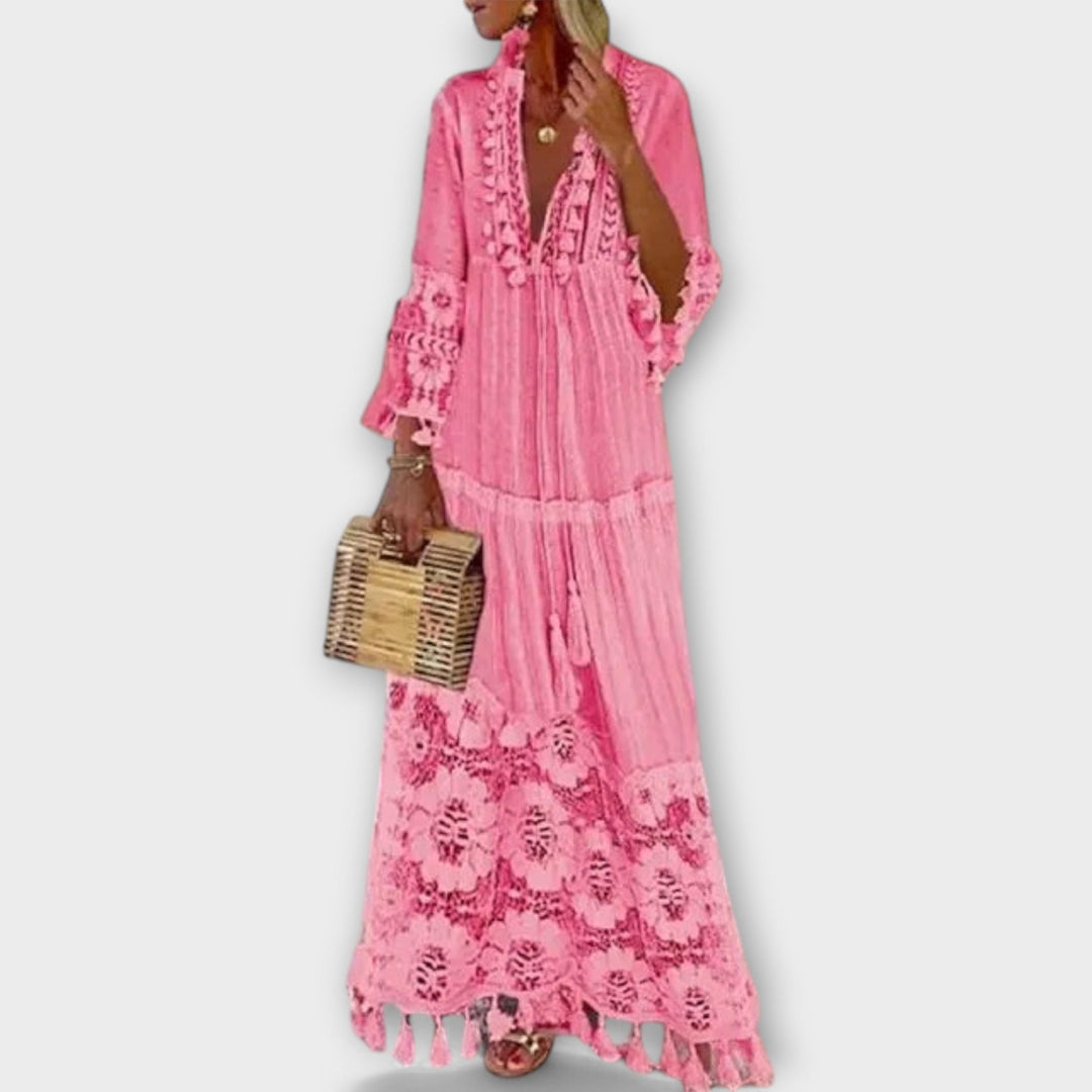 Klassisk Bohemian-Style Lang Kjole med Lange Ærmer, Blonder og Frynser