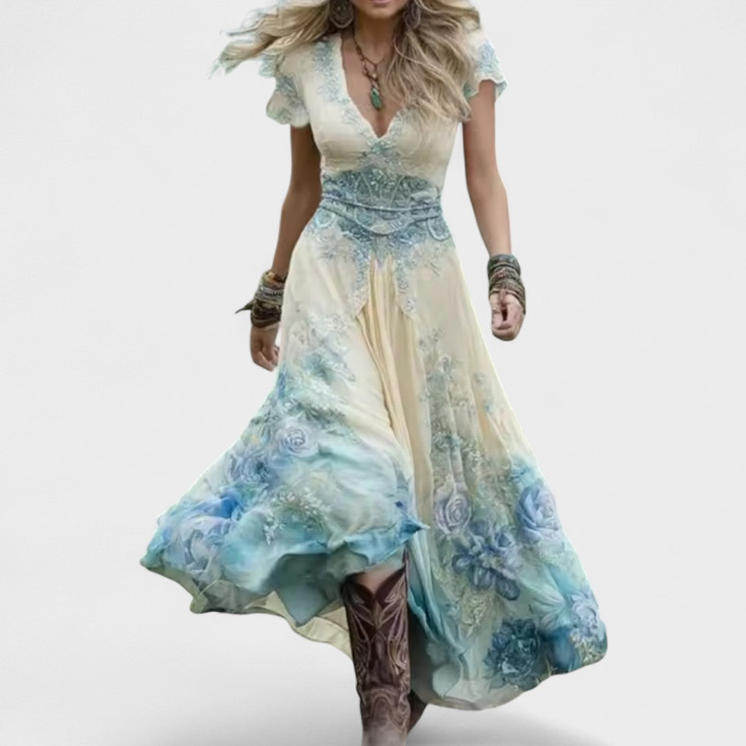 Elina | Stilfuldt Skåret Blomsterkjole