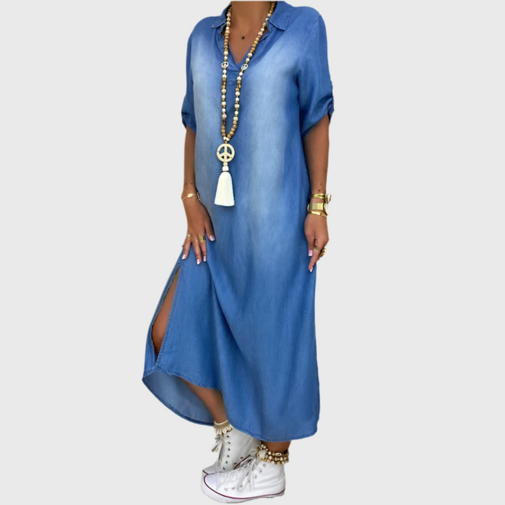Lea - Lang Denim Look Kjole med Sideslids