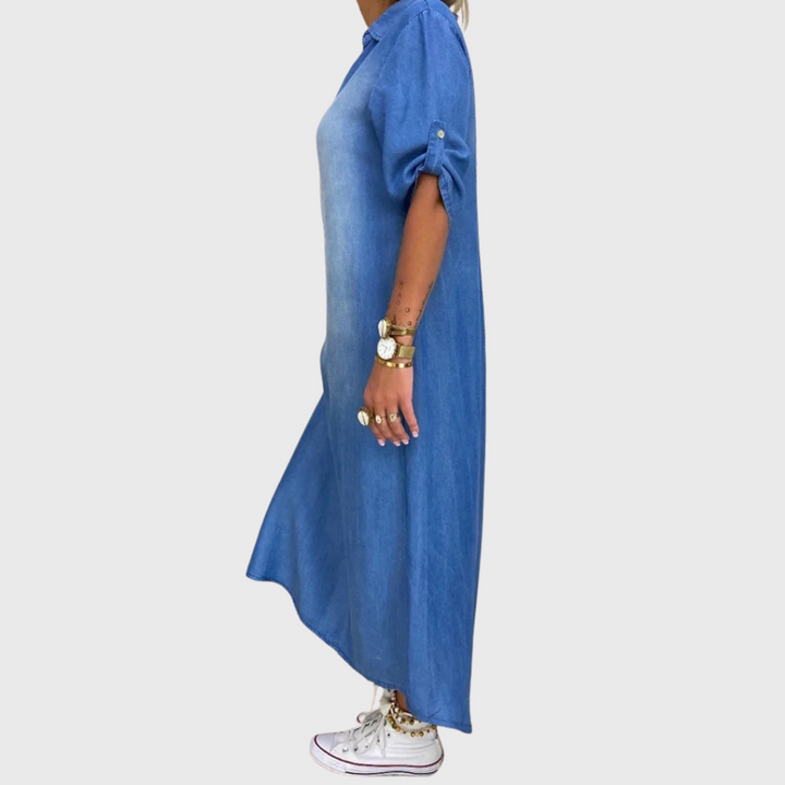 Lea - Lang Denim Look Kjole med Sideslids