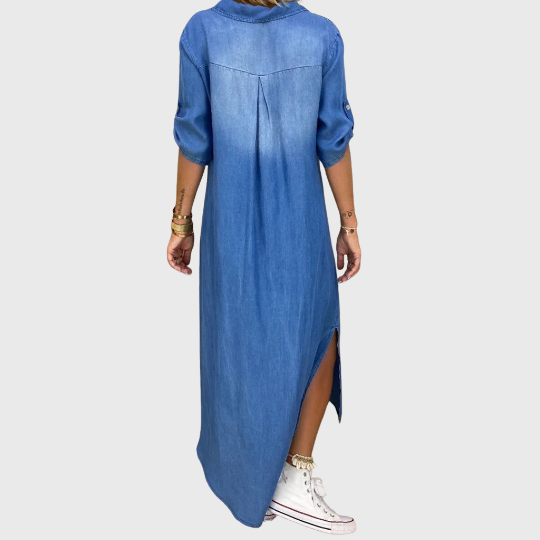 Lea - Lang Denim Look Kjole med Sideslids