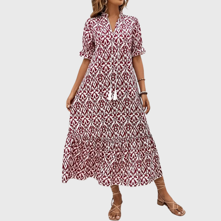 Béatrice | Boho Vintage Kjole med V-udskæring og Knappemønster