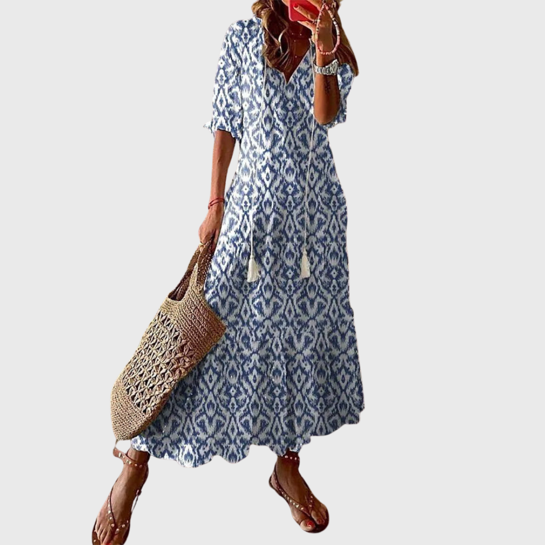 Béatrice | Boho Vintage Kjole med V-udskæring og Knappemønster