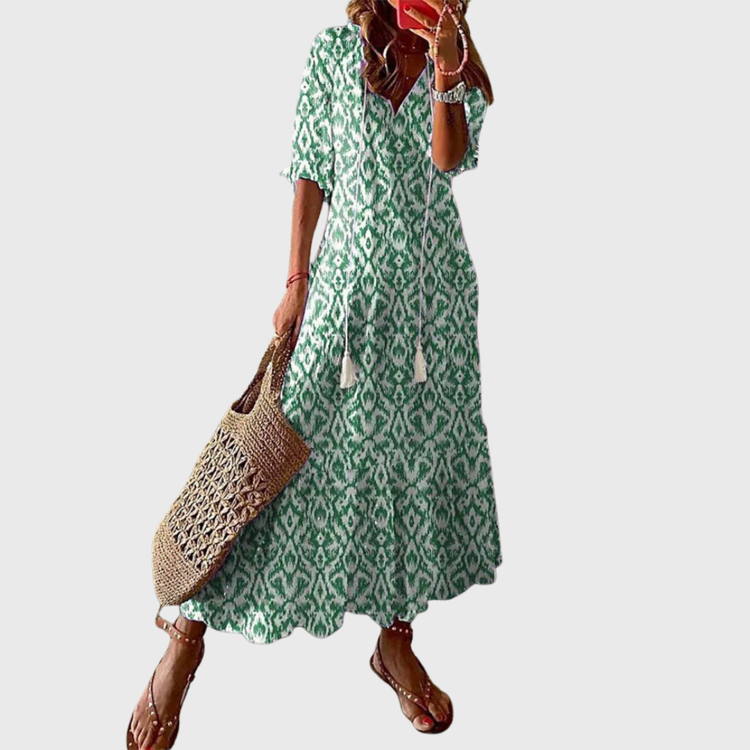 Béatrice | Boho Vintage Kjole med V-udskæring og Knappemønster