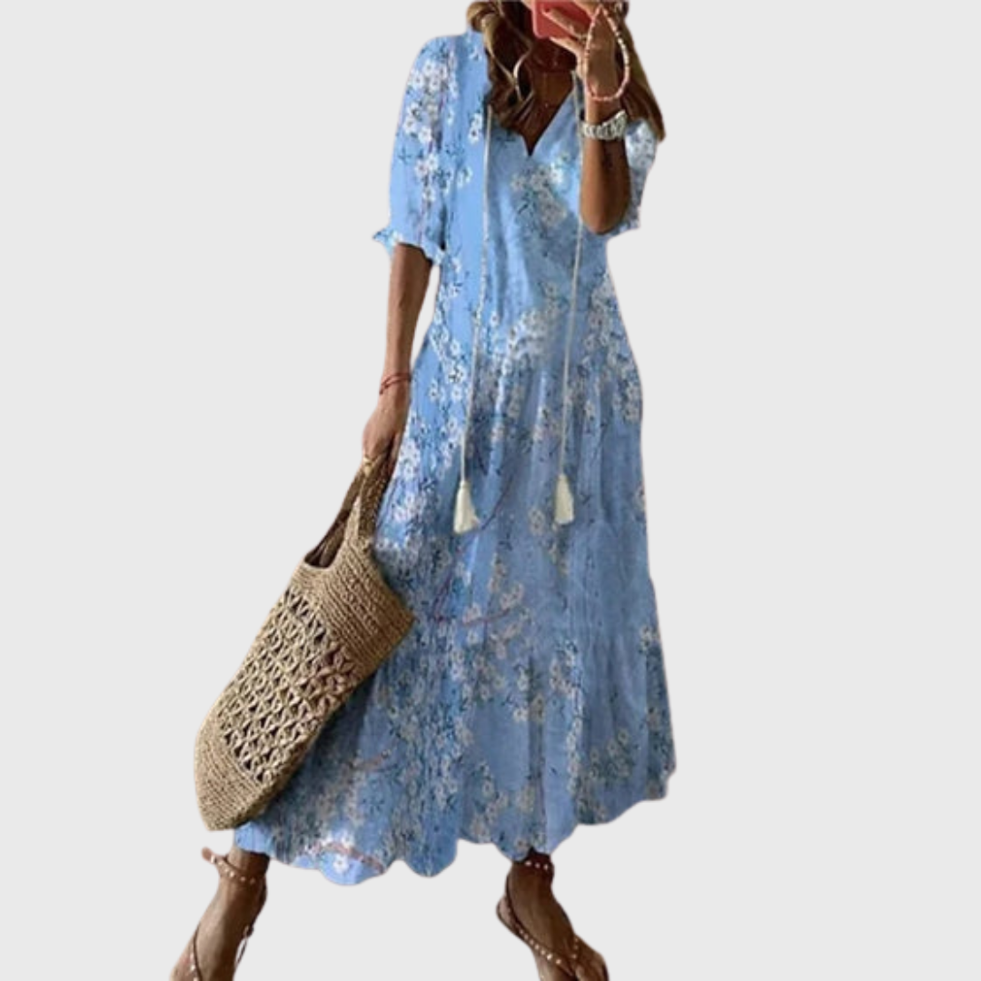 Béatrice | Boho Vintage Kjole med V-udskæring og Knappemønster