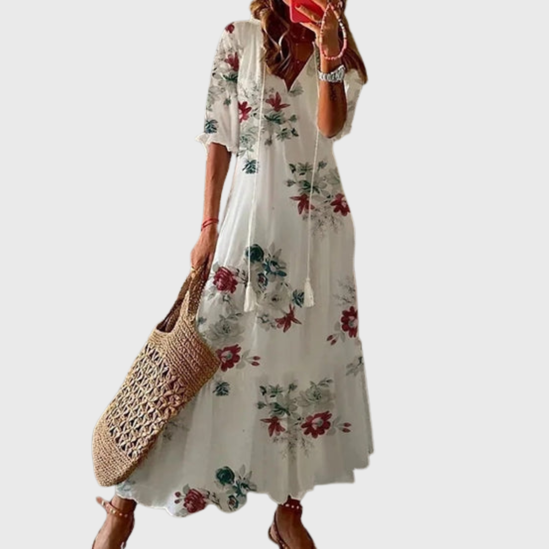 Béatrice | Boho Vintage Kjole med V-udskæring og Knappemønster