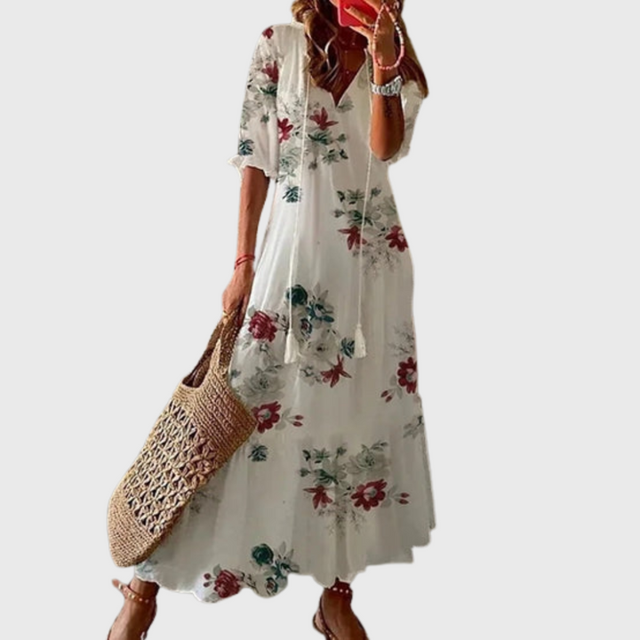 Béatrice | Boho Vintage Kjole med V-udskæring og Knappemønster
