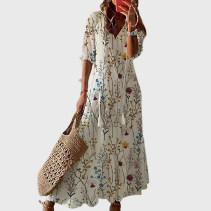 Béatrice | Boho Vintage Kjole med V-udskæring og Knappemønster