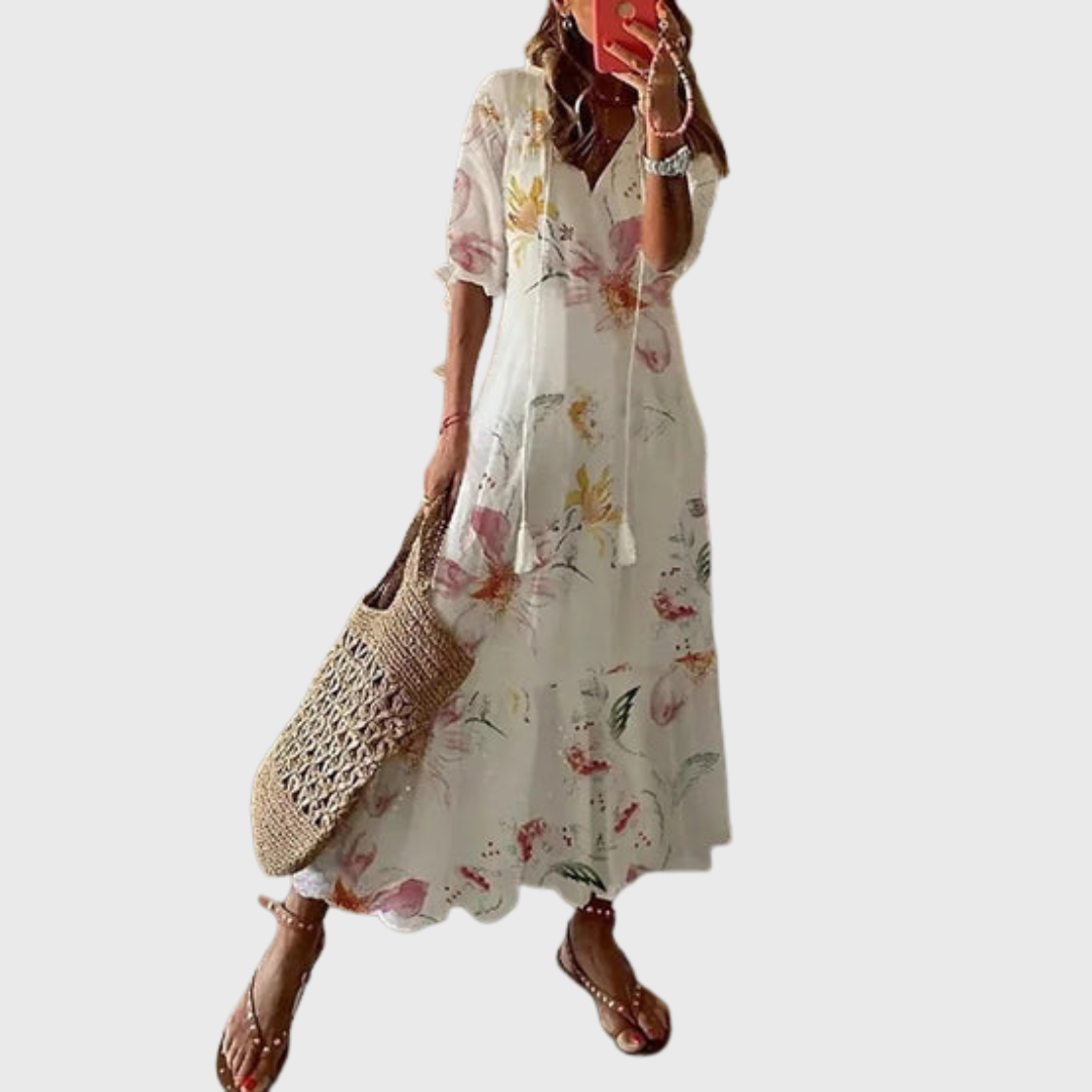 Béatrice | Boho Vintage Kjole med V-udskæring og Knappemønster