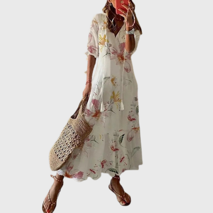 Béatrice | Boho Vintage Kjole med V-udskæring og Knappemønster