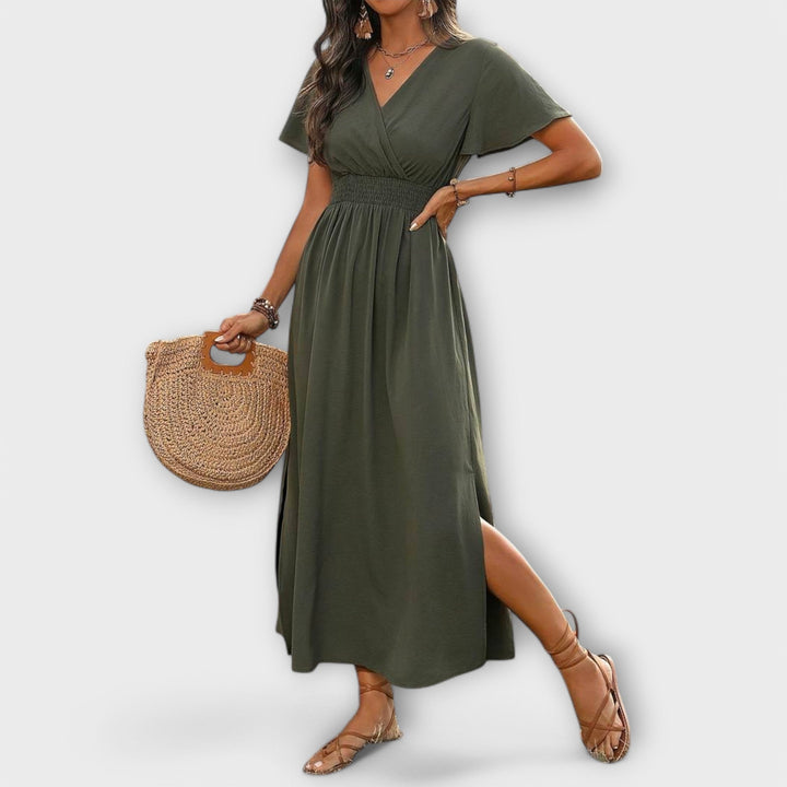 Heather - En elegant Boho-kjole med V-udskæring og lange ærmer