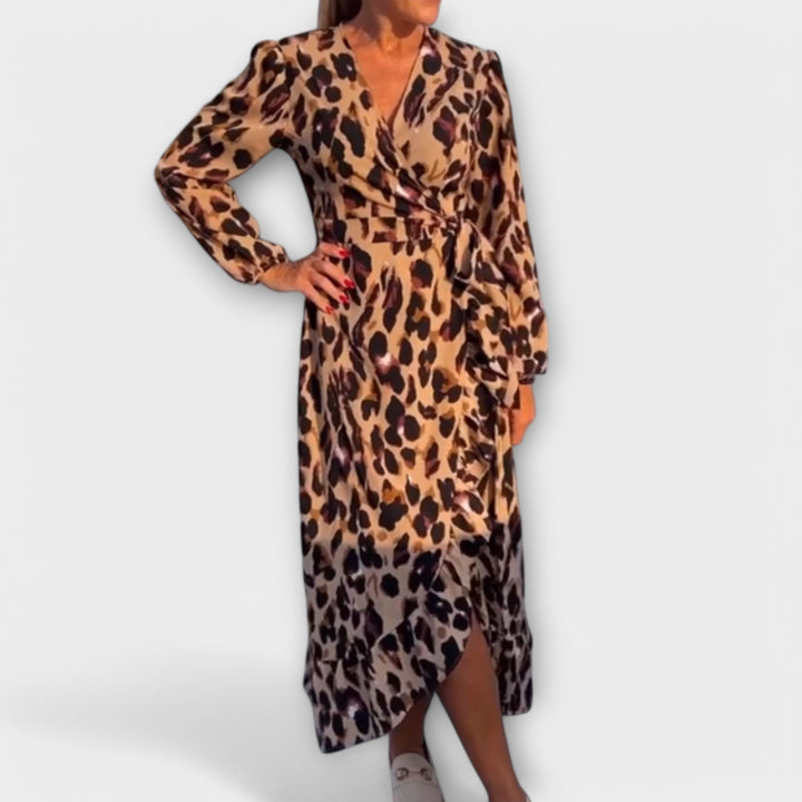 Casual Leopard Print Kjole med V-Hals