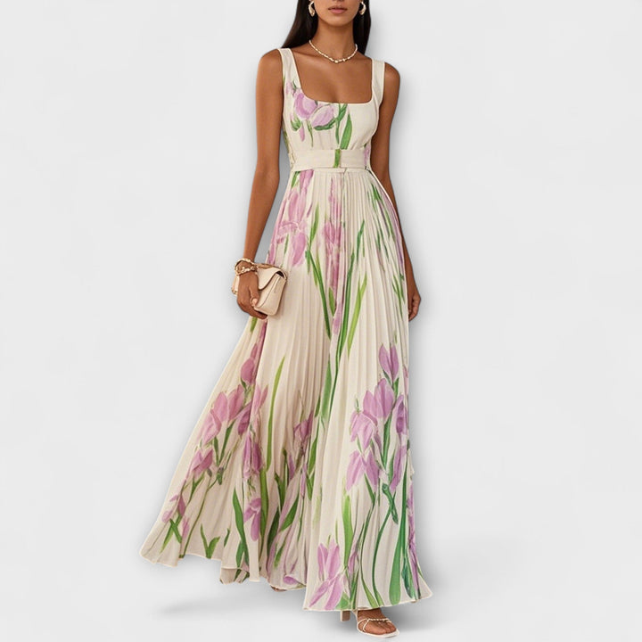 Foldet Floral Chiffon Maxi Kjole