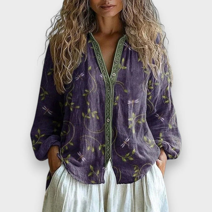 Lia | Vintage Bluse med Blad Mønster