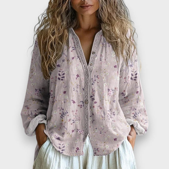 Lia | Vintage Bluse med Blad Mønster