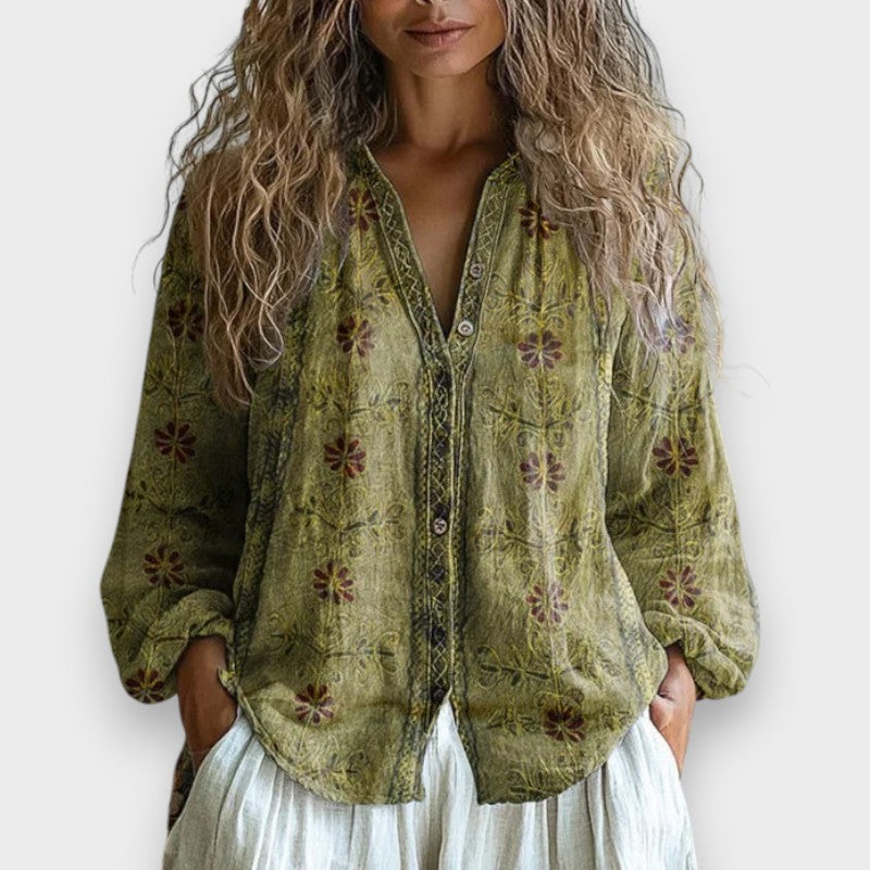 Lia | Vintage Bluse med Blad Mønster