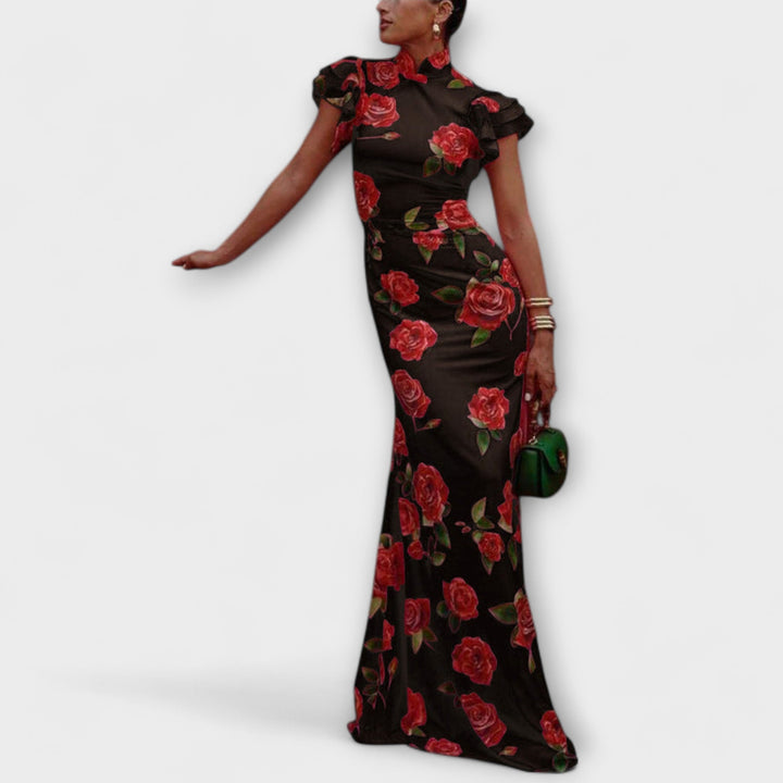 Luna - Maxi Kjole med Blomsterprint, Lagdelt Snit og Klokkeærmer