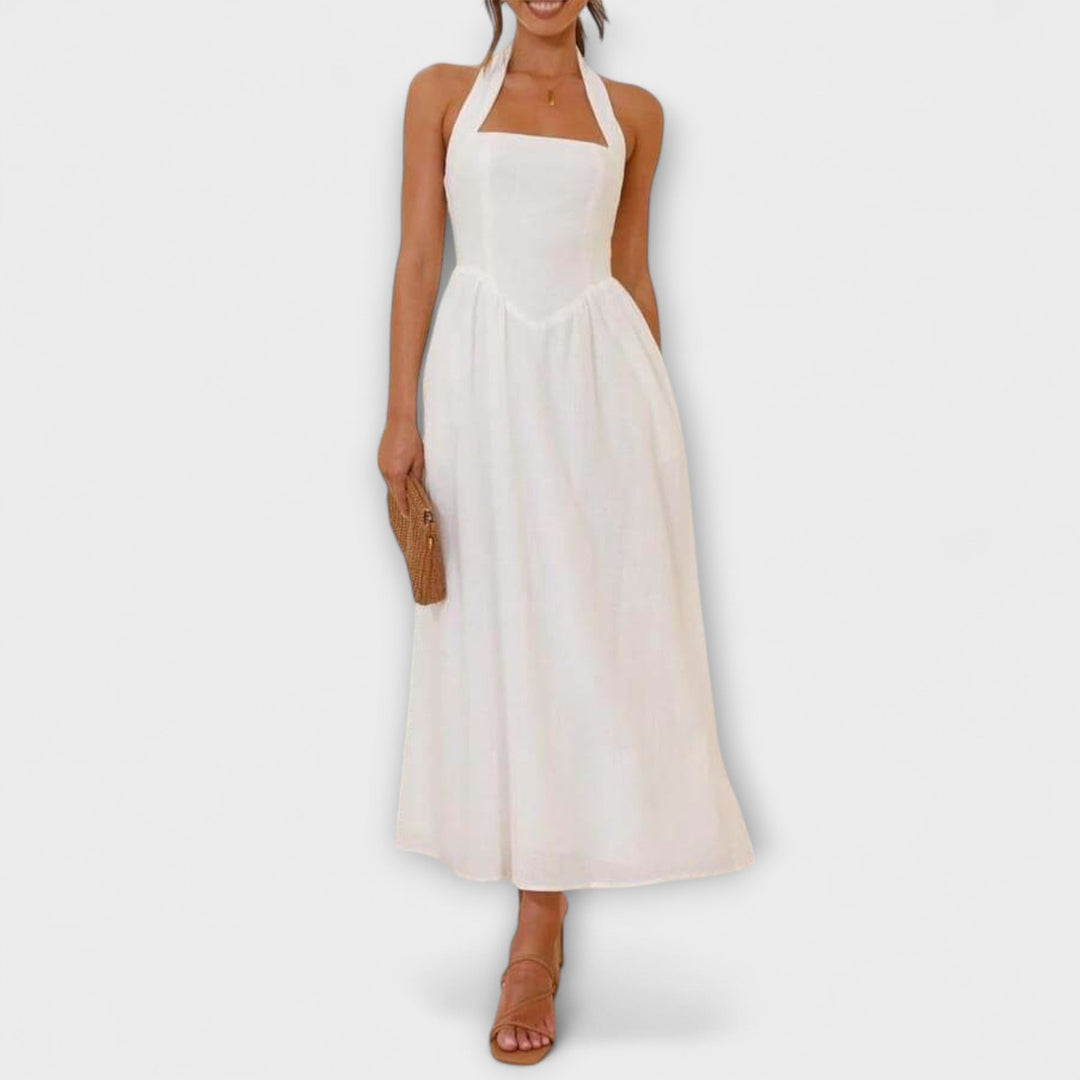 Lydia - Mellemlang Sort Halterneck Kjole med Talje Detalje