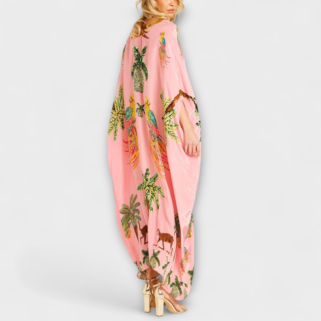 Linda - Off-Shoulder Kjole med Asymmetrisk Skulder og Palmetryk