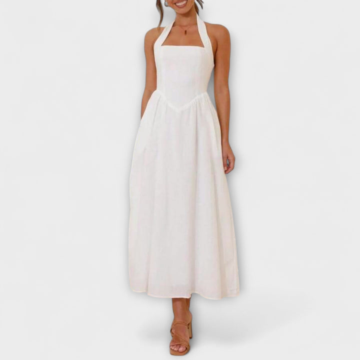 Lydia - Mellemlang Sort Halterneck Kjole med Talje Detalje