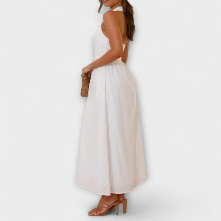 Lydia - Mellemlang Sort Halterneck Kjole med Talje Detalje