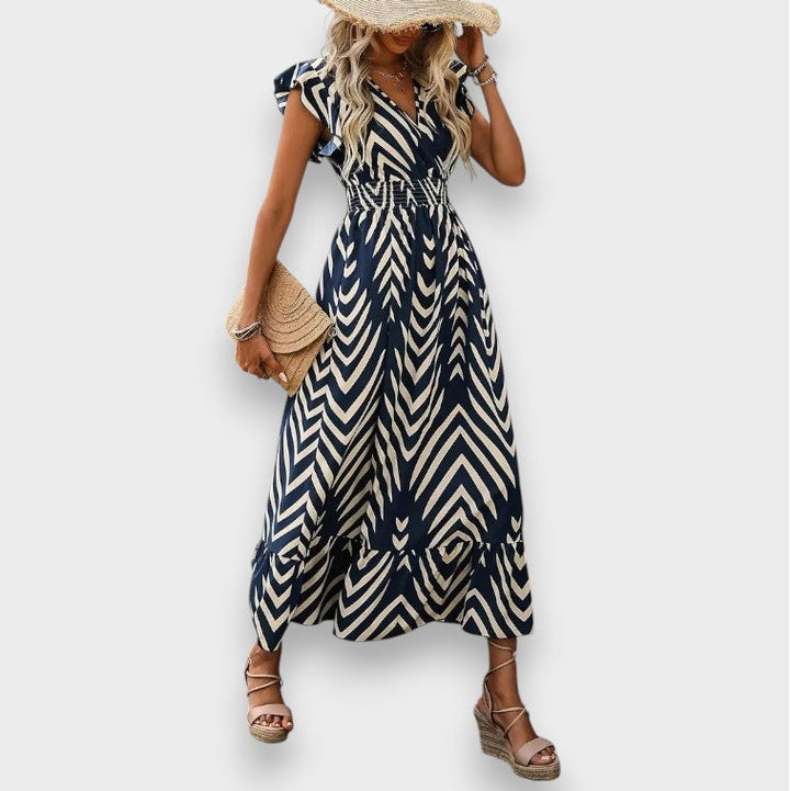 Milena | Kjole med Allover Print og Smocket Talje